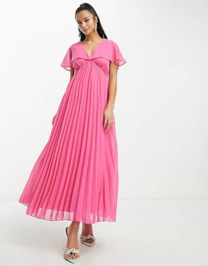 Ярко-розовое платье макси со складками по подолу и рукавами-накидкой ASOS DESIGN Petite