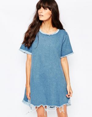 Джинсовое платье-рубашка с необработанными краями Waven. Цвет: синий