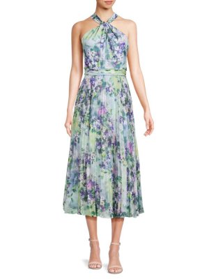 Плиссированное платье-миди с цветочным принтом и бретелькой на бретельках , цвет Blue Multi Monique Lhuillier