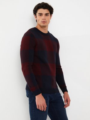 Мужской вязаный свитер в клетку с круглым вырезом и длинными рукавами , бордовый плед LCW Casual