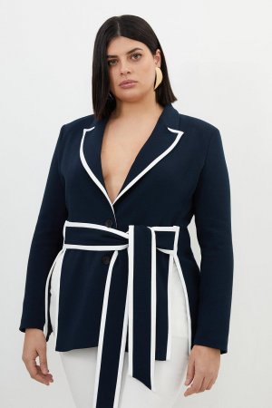 Компактный приталенный пиджак больших размеров с поясом и , синий Karen Millen