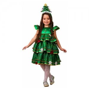 Карнавальный костюм «Ёлочка-малышка», сатин, платье, ободок, размер 30, рост 116 см Батик. Цвет: золотистый/зеленый