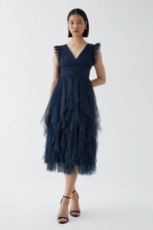 Миниатюрная юбка с рюшами и сетчатое платье-миди для подружек невесты , темно-синий Coast