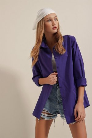 Женская темно-фиолетовая однотонная рубашка большого размера Araboy Basic Z Giyim