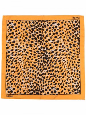 Шелковый платок с леопардовым принтом GANNI. Цвет: оранжевый