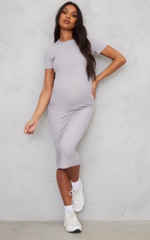 Серое платье миди в рубчик с круглым вырезом для беременных PrettyLittleThing