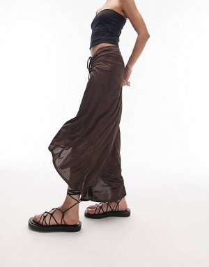 Шоколадная фактурная юбка миди из джерси со сборками спереди Topshop