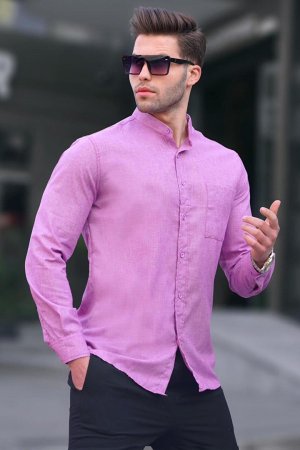 Мужская фиолетовая льняная однотонная рубашка с длинным рукавом 5548 MADMEXT