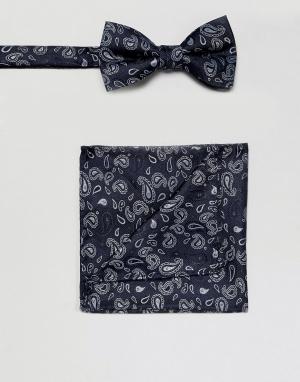 Темно-синий галстук-бабочка и платок для нагрудного кармана с принтом пейсли Selected Homme. Цвет: темно-синий