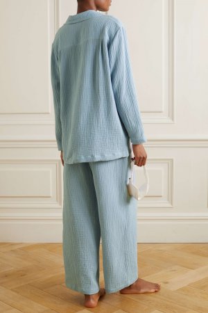 Пижамный комплект из хлопка и марли жатого цвета, светло-синий Pour Les Femmes