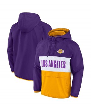 Мужская фирменная фиолетово-золотая толстовка с капюшоном молнией на четверть реглан, лидер команды Los Angeles Lakers, культовый анорак цветными блоками Fanatics