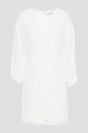 Платье мини из крепдешина с эффектом кейпа и закрученным передом , белый Halston