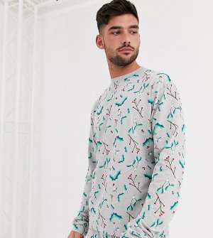 Новогодняя пижама из лонгслива и брюк с принтом остролиста омелы -Серый Loungeable