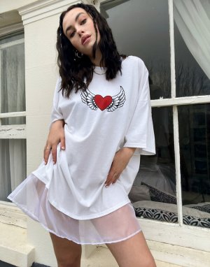 Винтажное платье-футболка с подолом из органзы и графическим принтом в виде сердца -Белый Milk It