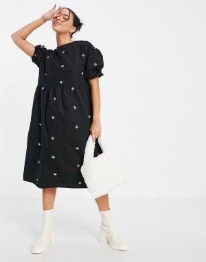 Платье миди с присборенной юбкой, объемными рукавами и контрастной вышивкой грибов -Черный цвет Native Youth