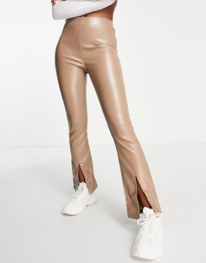 Расклешенные брюки из искусственной кожи цвета мокко с разрезами спереди -Коричневый цвет Parisian