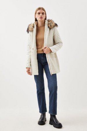 Пальто средней длины с капюшоном из искусственного меха Signature Quilt , белый Karen Millen