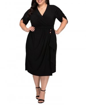 Женское платье миди Eden больших размеров с искусственным запахом и драпированными рукавами , цвет Black noir Kiyonna