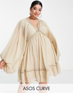 Текстурированное платье мини-халат с объемными рукавами ASOS DESIGN Curve из камня