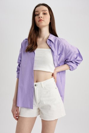 Рубашка оверсайз из 100% хлопка поплина с длинными рукавами , фиолетовый DeFacto