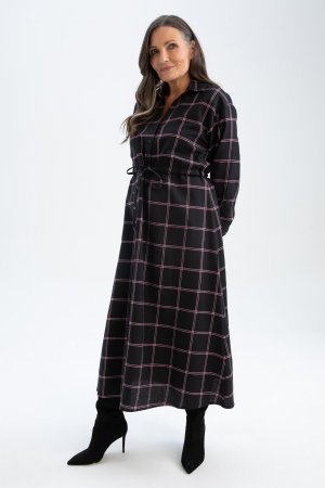 Традиционное клетчатое платье с длинным рукавом рубашечным воротником , черный DeFacto