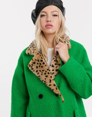 Двубортное шерстяное пальто с воротником из искусственного меха леопардовым принтом -Зеленый Lazy Oaf