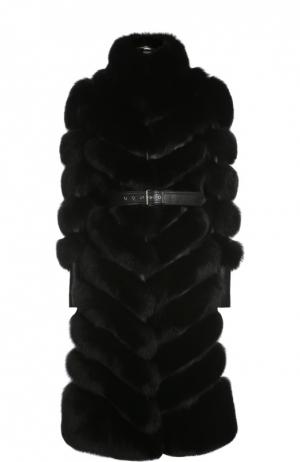 Удлиненная шуба из меха лисы с поясом Alexander McQueen. Цвет: черный