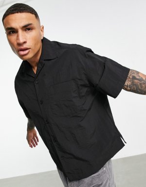 Черная oversized-рубашка свободного кроя из нейлона с короткими рукавами и отложным воротником -Черный цвет ASOS DESIGN