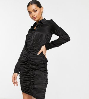 Черное платье-рубашка с поясом и присборенной юбкой -Черный Club L London Petite