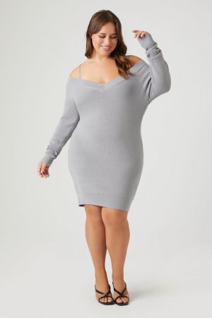 Мини-платье-свитер с открытыми плечами больших размеров , серый Forever 21