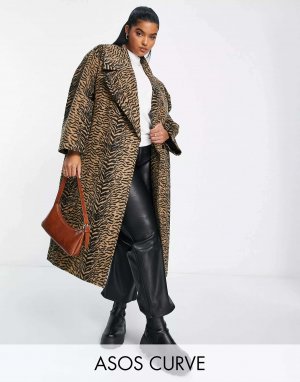 Коричневое деловое пальто с животным принтом ASOS DESIGN Curve. Цвет: коричневый