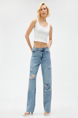 Прямые джинсы с рваными деталями - Nora Jeans , синий Koton