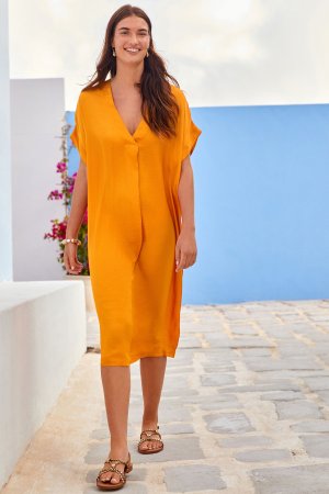 Атласное летнее платье-кафтан с пляжной накидкой , оранжевый Next