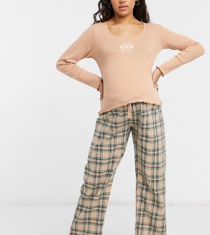 Пижамный комплект с топом в рубчик длинными рукавами и брюками клетку Wednesdays Girl Maternity-Оранжевый цвет Wednesday's Maternity