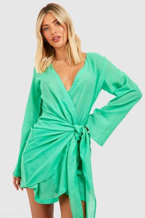 Пляжное мини-платье из льняного материала с завязкой спереди boohoo, зеленый Boohoo