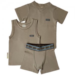 Комплект для мальчика: майка, трусы и футболка, р. 68-74 lucky child. Цвет: бежевый/коричневый