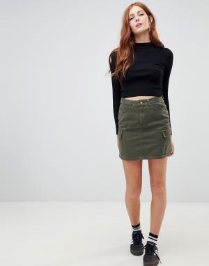 Джинсовая юбка хаки в стиле милитари -Зеленый New Look
