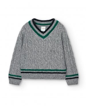 Плетеный свитер для мальчика с V-образным вырезом , светло-серый Boboli