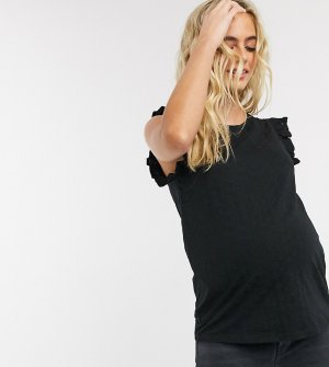 Черная футболка с вышивкой ришелье и оборками на рукавах -Черный New Look Maternity