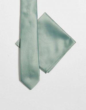 Узкий атласный галстук и нагрудный платок ASOS DESIGN серо-зеленого цвета