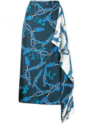Юбка асимметричного кроя Renzo с принтом и декоративным шарфом Tibi. Цвет: синий
