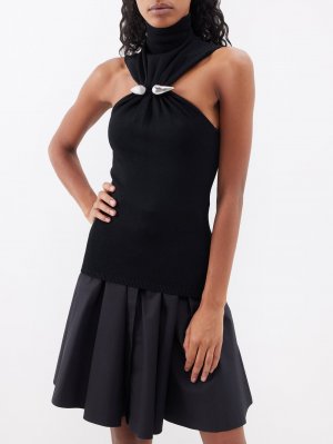 Трикотажный топ с высоким воротником, украшенный фурнитурой ALAÏA, черный Alaïa