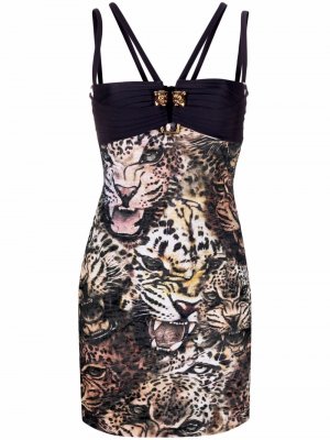 Платье мини с леопардовым принтом Roberto Cavalli. Цвет: черный
