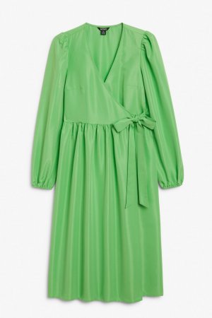 Платье миди с пышными рукавами и запахом, ярко зеленый Monki