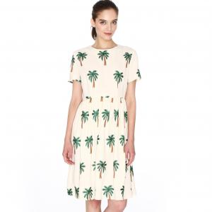 Платье с короткими рукавами и вышитым рисунком пальмы PEPALOVES. Цвет: бежевый