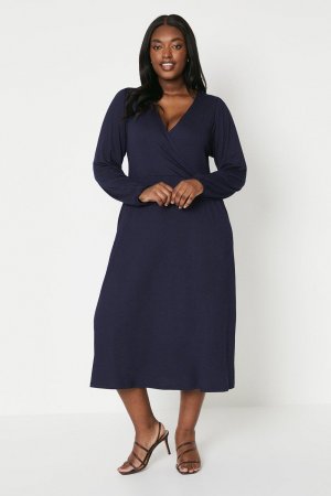 Трикотажное платье с запахом и длинными рукавами Curve , темно-синий Wallis
