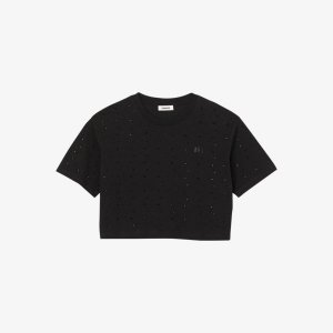 Укороченная хлопковая футболка Cubisme, украшенная стразами , цвет noir / gris Sandro