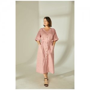 Платье , лен, повседневное, свободный силуэт, миди, карманы, размер 40, розовый Olga Skazkina. Цвет: розовый