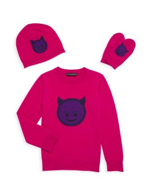 Комплект из трех предметов: свитер, шапка и варежки для маленькой девочки с изображением улыбающегося дьявола , цвет Hot Pink Sofia Cashmere
