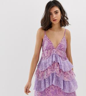 Ярусное платье мини с кружевом и эффектом металлик -Фиолетовый Dusty Daze